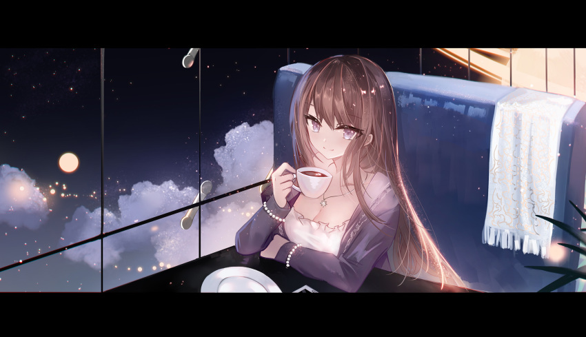 1girl bangs black_jacket bracelet breasts brown_hair cleavage closed_mouth cloud coffee commentary_request couch cup dress eyebrows_visible_through_hair fringe_trim full_moon hair_between_eyes highres holding holding_cup indoors jacket jewelry looking_at_viewer medium_breasts moemoe3345 moon night night_sky open_clothes open_jacket original pearl_bracelet plate purple_eyes sitting sky smile solo star_(sky) starry_sky table upper_body white_dress window