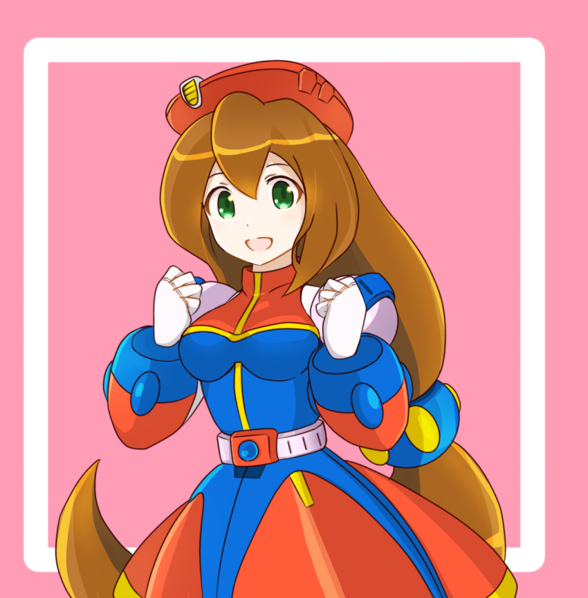 1girl 398sky android beret breasts brown_hair capcom commentary green_eyes hair_between_eyes hat highres iris_(rockman_x) large_breasts long_hair looking_at_viewer low-tied_long_hair open_mouth pink_background rockman rockman_x simple_background smile solo