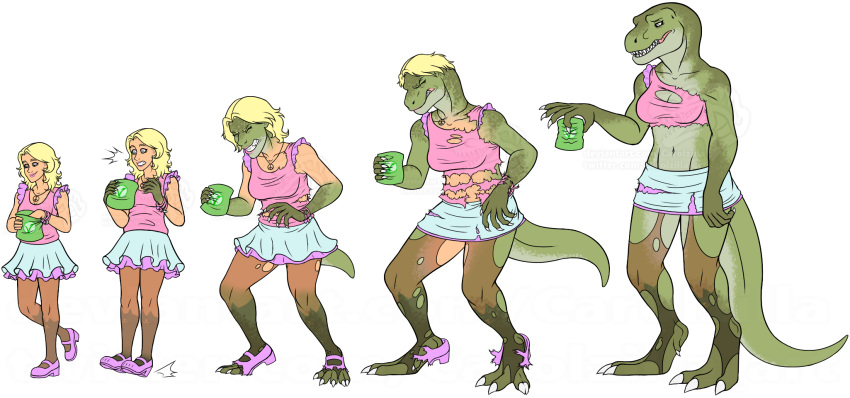 2020 alpha_channel anthro blonde_hair body_size_growth breasts carolzilla clothing dinosaur female green_body hair hi_res human human_to_anthro mammal navel peace_symbol reptile scalie sequence sharp_teeth simple_background size_transformation smile solo species_transformation standing teeth theropod torn_clothing transformation transparent_background tyrannosaurid tyrannosaurus tyrannosaurus_rex