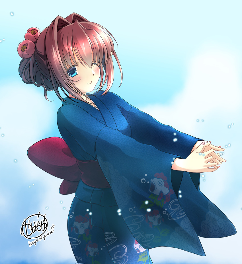 1girl absurdres animal_print artist_name asakura_otome bangs blue_background blue_eyes blue_kimono blush brown_hair commentary_request da_capo da_capo_ii eyebrows_visible_through_hair fish_print flower hair_between_eyes hair_flower hair_intakes hair_ornament hair_up hands_together highres japanese_clothes kayura_yuka kimono looking_at_viewer obi one_eye_closed pink_nails sash sidelocks signature smile solo