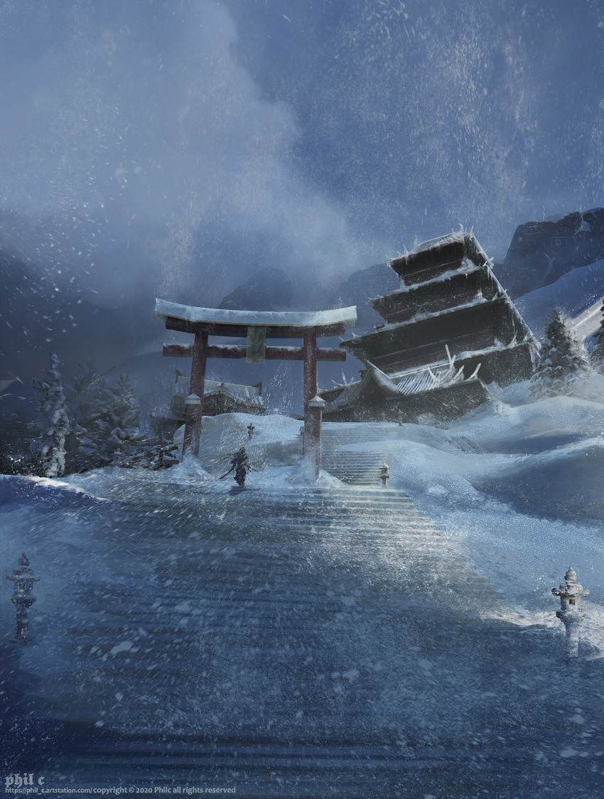 1other architecture artist_name blizzard castle cloud cloudy_sky commentary east_asian_architecture highres holding holding_sword holding_weapon mountain original outdoors phil_c scenery sky snow snowing stairs standing sword torii tree watermark weapon web_address