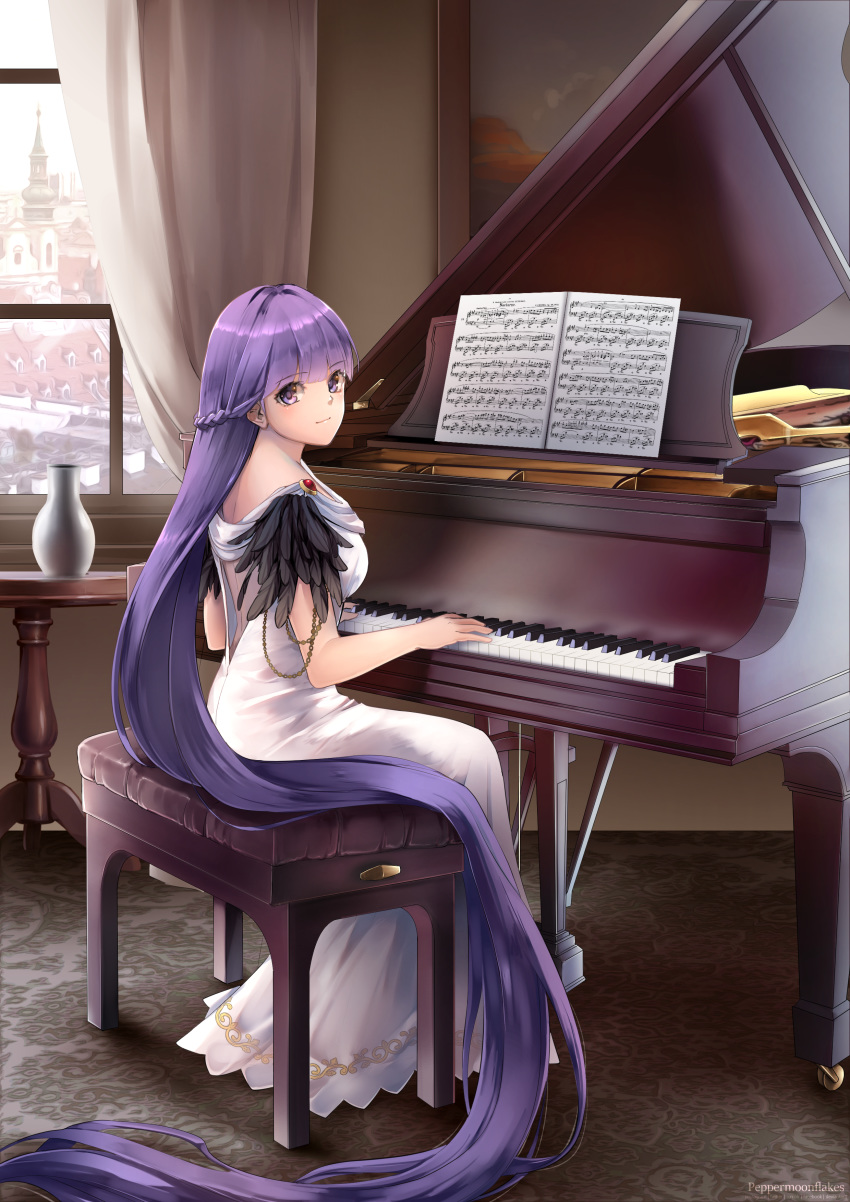 1girl absurdly_long_hair absurdres backless_dress backless_outfit black_feathers braid breasts closed_mouth commission commissioner_upload curtains dress eyebrows_visible_through_hair feathers fire_emblem fire_emblem:_the_binding_blade fire_emblem_cipher fire_emblem_heroes french_braid full_body grand_piano highres hood indoors instrument long_dress long_hair looking_at_viewer medium_breasts music painting_(object) peppermoonflakes piano piano_bench piano_keys playing_instrument playing_piano purple_eyes purple_hair room sheet_music signature sitting smile solo sophia_(fire_emblem) table town vase very_long_hair watermark white_curtains white_dress window