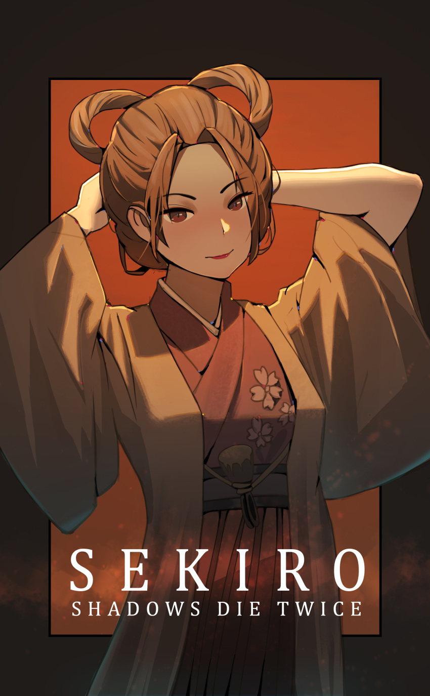 1girl absurdres bangs breasts brown_eyes brown_hair closed_mouth emma_the_gentle_blade eyebrows_visible_through_hair hair_bun hand_in_hair highres japanese_clothes kimono long_sleeves looking_at_viewer sekiro:_shadows_die_twice shawneion short_hair simple_background solo updo