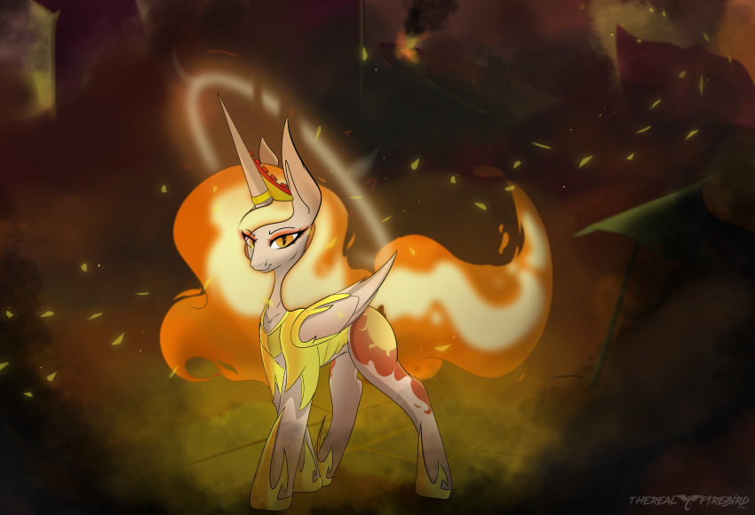 2020 absurd_res armor cutie_mark daybreaker_(mlp) equid feathered_wings feathers female feral fire flaming_hair flaming_mane flaming_tail friendship_is_magic fur hasbro hi_res horn horn_ring looking_at_viewer mammal mane my_little_pony orange_eyes orange_mane orange_tail outside pseudo_hair pseudo_mane pupils signature slit_pupils solo text therealf1rebird walking white_body white_feathers white_fur white_wings winged_unicorn wings