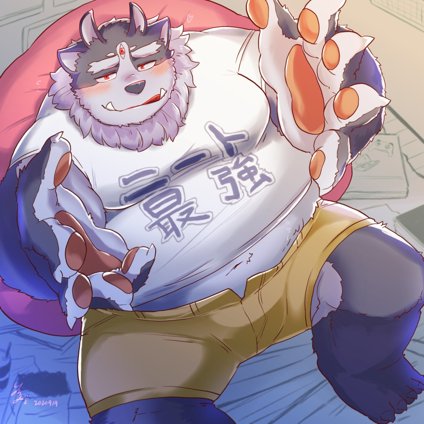 1:1 3_eyes anthro belly blush bottomwear clothing hi_res licking licking_lips male multi_eye navel overweight overweight_anthro overweight_male pawpads shorts solo tokyo_afterschool_summoners tongue tongue_out tsathoggua tusks video_games yurunezi