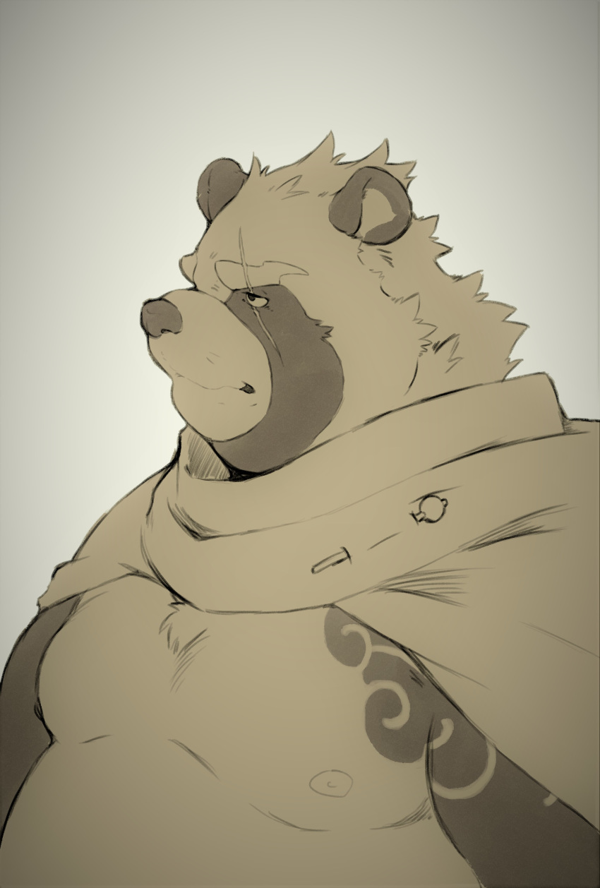 absurd_res anthro belly bust_portrait canid canine cape clothing eye_scar gyobu heylaw21 hi_res male mammal moobs musclegut nipples portrait raccoon_dog scar slightly_chubby solo tanuki tattoo tokyo_afterschool_summoners video_games