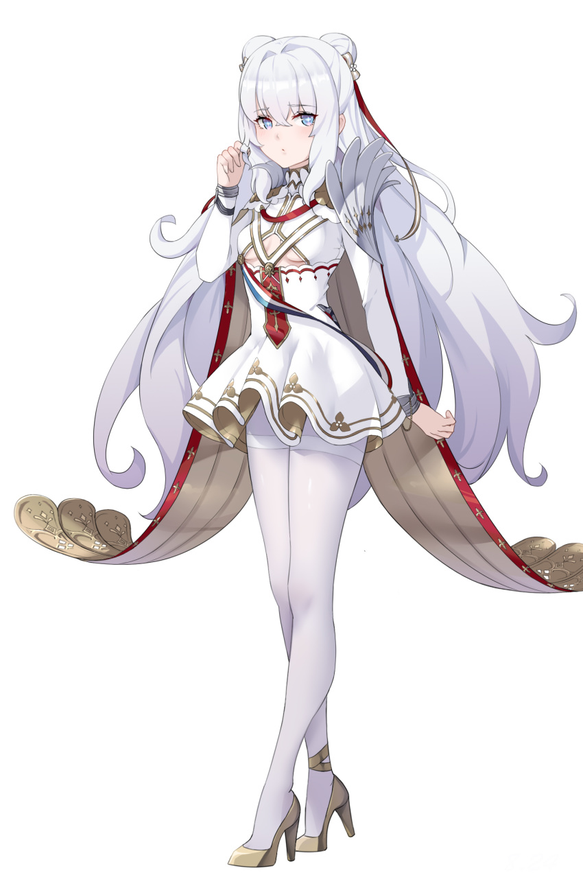 +_+ 1girl azur_lane blue_eyes blush breasts chinese_commentary cleavage closed_mouth double_bun dress eyebrows_visible_through_hair full_body gold_footwear hair_between_eyes hair_bun hair_ribbon hand_in_hair high_heels highres le_malin_(azur_lane) lips long_hair looking_at_viewer pantyhose ribbon short_dress side_bun silver_hair simple_background small_breasts solo thighband_pantyhose underboob white_background white_dress white_legwear wsfw