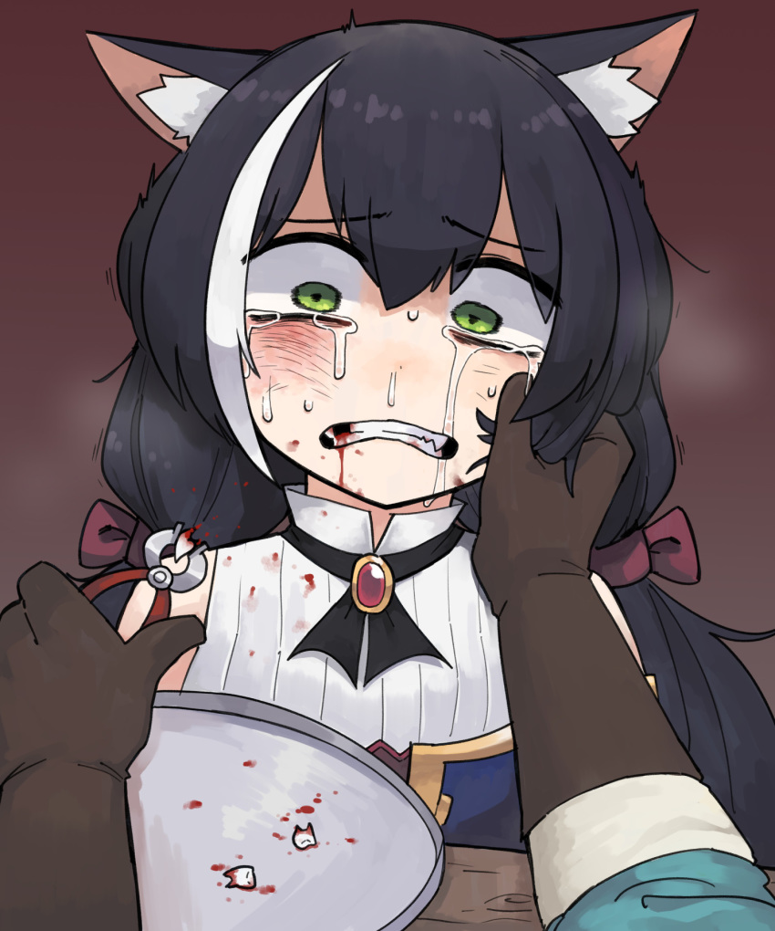animal_ear_fluff animal_ears black_hair blood bruise_on_face cat_ears commentary_request crying crying_with_eyes_open gloves green_eyes guro hands_on_another's_face highres karyl_(princess_connect!) korean_commentary lakilolom long_hair multicolored_hair pliers princess_connect! princess_connect!_re:dive ryona sleeveless streaked_hair tears tooth torture tray twintails two-tone_hair white_hair