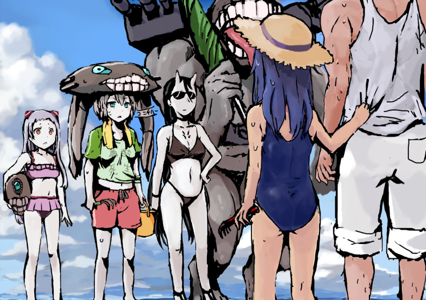 1boy 4girls :&lt; admiral_(kantai_collection) airfield_hime alternate_costume bangs battleship_hime bikini black_bikini black_hair blue_eyes blue_hair blue_swimsuit breasts bucket clam_digging closed_mouth clothes_writing cloud day grey_hair ha-class_destroyer hand_on_hip hat holding horns kantai_collection long_hair multiple_girls one-piece_swimsuit open_mouth outdoors pale_skin pink_bikini red_eyes shinkaisei-kan shirt shorts silver_hair sky sowamame straw_hat sunglasses sweat swimsuit tank_top teeth ushio_(kantai_collection) wo-class_aircraft_carrier