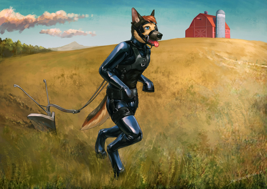 anthro bdsm blinders bulge canid canine canis clothing cloud detailed_background deusexmoose domestic_dog eyewear farm hi_res male mammal mountain open_mouth outside petplay plow plowing ponyplay roleplay rubber rubber_suit silo sky solo tongue tongue_out tree