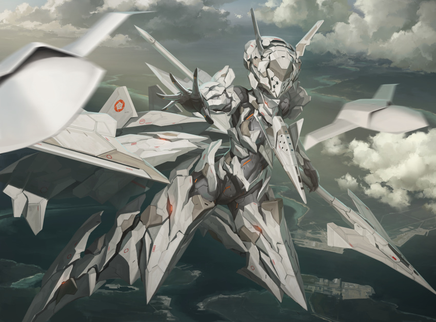 1girl ace_combat ace_combat_7 adf-11f_raven aircraft airplane armor bodysuit cloud cloudy_sky commentary_request fighter_jet flying full_armor full_body highres holding holding_spear holding_weapon jet mecha_musume military military_vehicle outdoors outstretched_arm personification polearm sky solo spear tom-neko_(zamudo_akiyuki) weapon