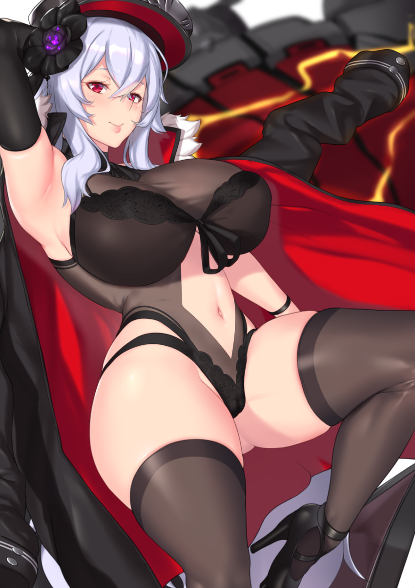 1girl arm_up armpits aster_crowley azur_lane bangs black_gloves black_legwear black_swimsuit breasts casual_one-piece_swimsuit crossed_bangs elbow_gloves flower gloves graf_zeppelin_(azur_lane) graf_zeppelin_(beachside_urd)_(azur_lane) hair_flower hair_ornament hat high_heels highres impossible_clothes impossible_swimsuit jacket large_breasts leg_up long_hair looking_at_viewer navel navel_cutout one-piece_swimsuit open_clothes open_jacket peaked_cap red_eyes smile solo swimsuit taut_clothes taut_swimsuit thighhighs white_hair