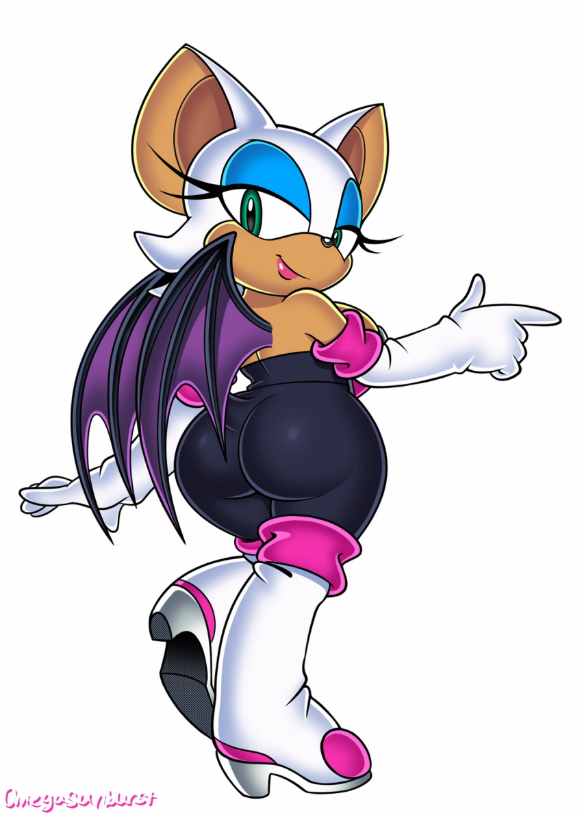 armwear butt_pose chiropteran clothing elbow_gloves female gloves handwear hi_res high_heeled_boots looking_at_viewer looking_back mammal omegasunburst pose rouge_the_bat simple_background solo sonic_the_hedgehog_(series) wings