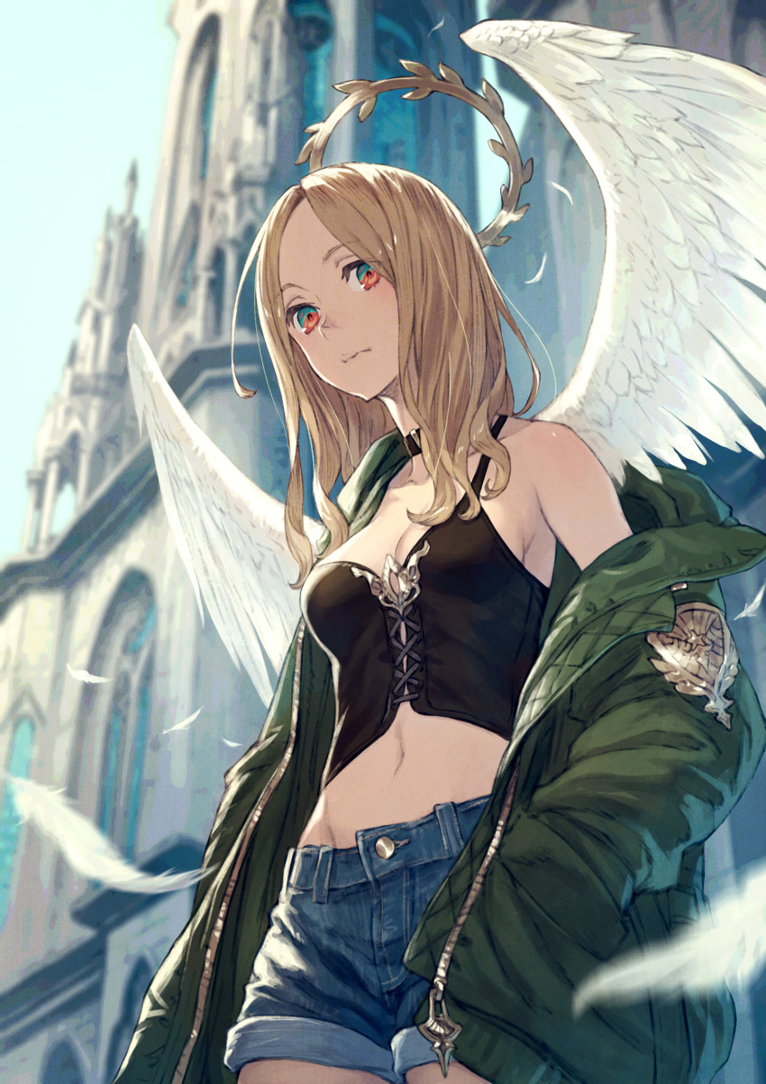 1girl absurdres angel_wings bangs black_choker blonde_hair blush breasts choker church cleavage closed_mouth coat collarbone commentary_request cowboy_shot cross-laced_clothes day denim denim_shorts feathered_wings feathers from_below green_coat hand_in_pocket highres kusano_shinta long_hair long_sleeves looking_back looking_down navel off_shoulder open_clothes open_coat original outdoors parted_bangs red_eyes short_shorts shorts single_bare_shoulder small_breasts solo unzipped white_wings wings zipper_pull_tab