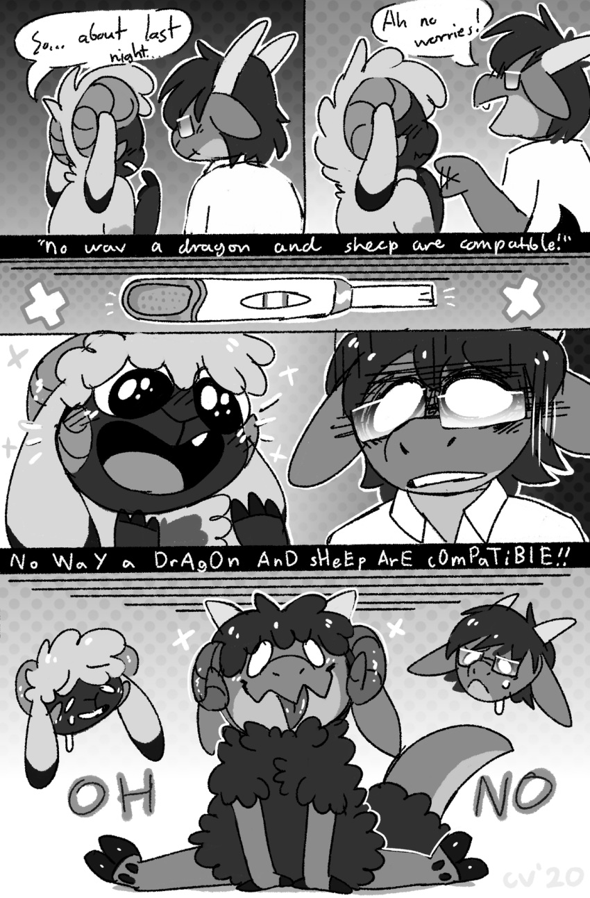 2020 anthro baby bovid caprine comic crownedvictory dialogue dragon duo excited eyewear female glasses greyscale hi_res humor male mammal meme monochrome pregnancy_test sheep sparkles stippling tagme terrifed young