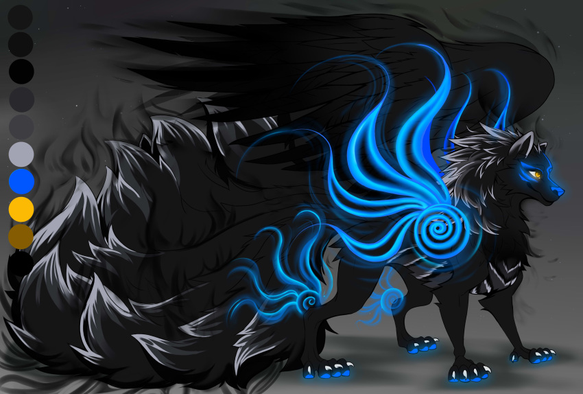 9_tails absurd_res alternate_version_at_source athena0023 black_body black_fur canid canine canis etis feathered_wings feathers female feral fur glowing glowing_flesh glowing_markings grey_background hi_res hybrid mammal markings multi_tail simple_background solo spirit_wolf standing wings wolf