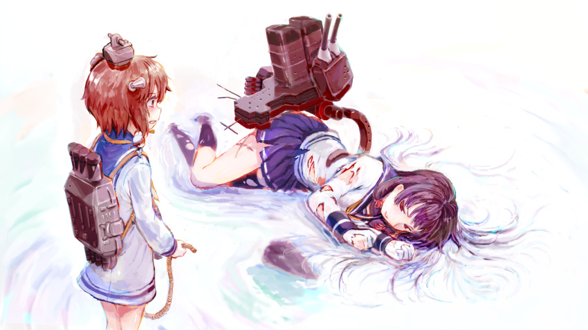 3girls bangs black_hair black_legwear blue_sailor_collar blue_skirt brown_hair dress fairy_(kantai_collection) gloves headgear injury isokaze_(kantai_collection) kantai_collection kneehighs long_hair long_sleeves lying multiple_girls on_side pleated_skirt rigging rope sailor_collar sailor_dress school_uniform serafuku short_hair skirt sowamame tears torn_clothes torn_legwear water white_gloves yukikaze_(kantai_collection)