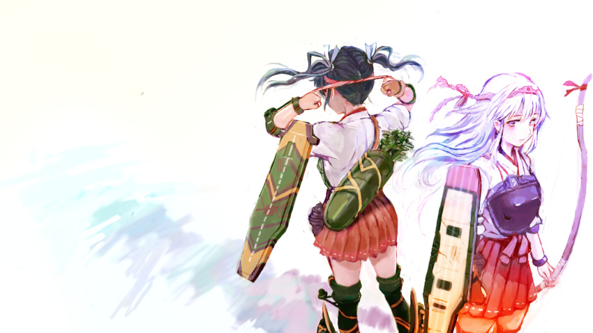 2girls bangs bow_(weapon) brown_gloves closed_mouth flight_deck gloves green_hair hair_ribbon hakama hakama_skirt headband holding holding_bow_(weapon) holding_weapon japanese_clothes kantai_collection long_hair multiple_girls muneate partly_fingerless_gloves quiver red_hakama ribbon rigging shoukaku_(kantai_collection) single_glove sowamame tasuki torn_headband twintails weapon white_hair yugake zuikaku_(kantai_collection)