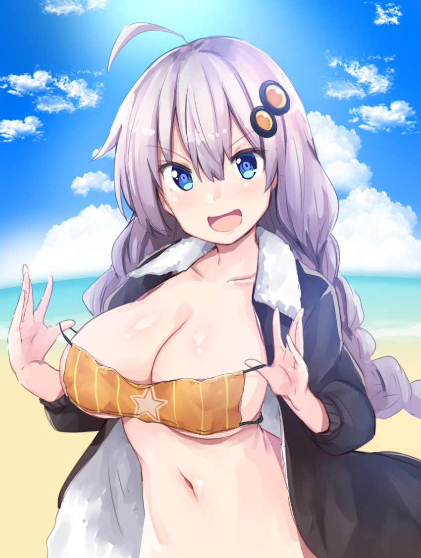 1girl absurdres ahoge bangs beach bikini bikini_under_clothes black_jacket blue_eyes blush braid breasts chipa_(arutana) collarbone day eyebrows_visible_through_hair fur-trimmed_jacket fur_trim hair_between_eyes hair_ornament highres jacket kizuna_akari large_breasts long_hair long_sleeves looking_at_viewer navel ocean orange_bikini outdoors print_bikini silver_hair solo star_(symbol) star_print stomach strapless strapless_bikini striped striped_bikini swimsuit twin_braids upper_body v-shaped_eyebrows very_long_hair vocaloid voiceroid