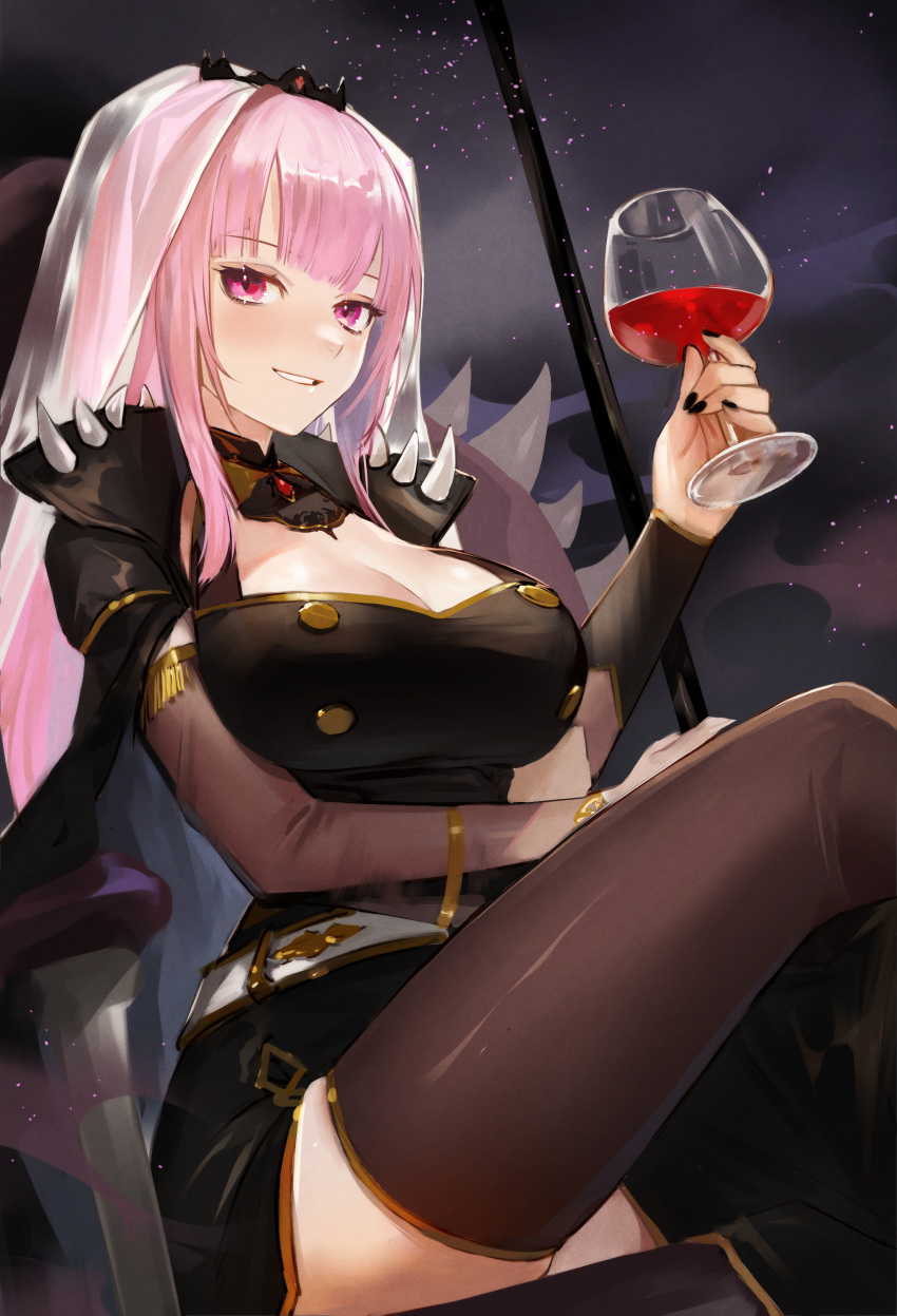 1girl absurdres bangs black_cape black_dress black_legwear black_nails black_neckwear blunt_bangs breasts cape cleavage crossed_legs cup detached_sleeves dress drinking_glass highres holding holding_cup hololive hololive_english large_breasts long_hair looking_at_viewer mori_calliope nail_polish nima_(niru54) pink_eyes pink_hair see-through_sleeves shoulder_spikes sitting smile solo spikes thighhighs tiara veil virtual_youtuber wine_glass