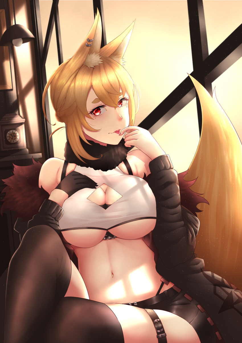 1girl :p absurdres animal_ear_fluff animal_ears bangs bare_shoulders belt black_belt black_gloves black_jacket black_legwear black_shorts blonde_hair braid breasts cleavage cleavage_cutout clock commentary_request crop_top crossed_legs dusk ear_piercing eyebrows_behind_hair fang finger_licking fox_ears fox_girl fox_tail french_braid fur-trimmed_jacket fur_collar fur_trim gloves hair_between_eyes hand_on_own_chest highleg highleg_panties highres indoors jacket lamp large_breasts leg_belt licking light_particles looking_at_viewer midriff mole mole_under_eye navel off-shoulder_jacket original panties piercing red_eyes red_nails saku_(perocopic) saliva shirt short_shorts shorts sidelocks single_glove sitting skin_fang sleeveless sleeveless_shirt solo tail taut_clothes taut_shirt thick_eyebrows thighhighs tongue tongue_out underboob underbust underwear window window_shade