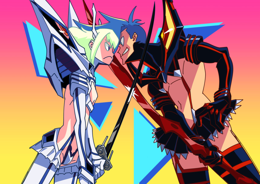 2boys blue_eyes blue_hair clash company_connection cosplay crossdressing crossover galo_thymos gloves green_hair highres holding holding_sword holding_weapon junketsu kill_la_kill kiryuuin_satsuki kiryuuin_satsuki_(cosplay) lio_fotia male_focus matoi_ryuuko matoi_ryuuko_(cosplay) midriff multiple_boys pp_bj promare purple_eyes revealing_clothes school_uniform scissor_blade senketsu serafuku shirtless skirt spiked_hair suspenders sword trigger_(company) weapon