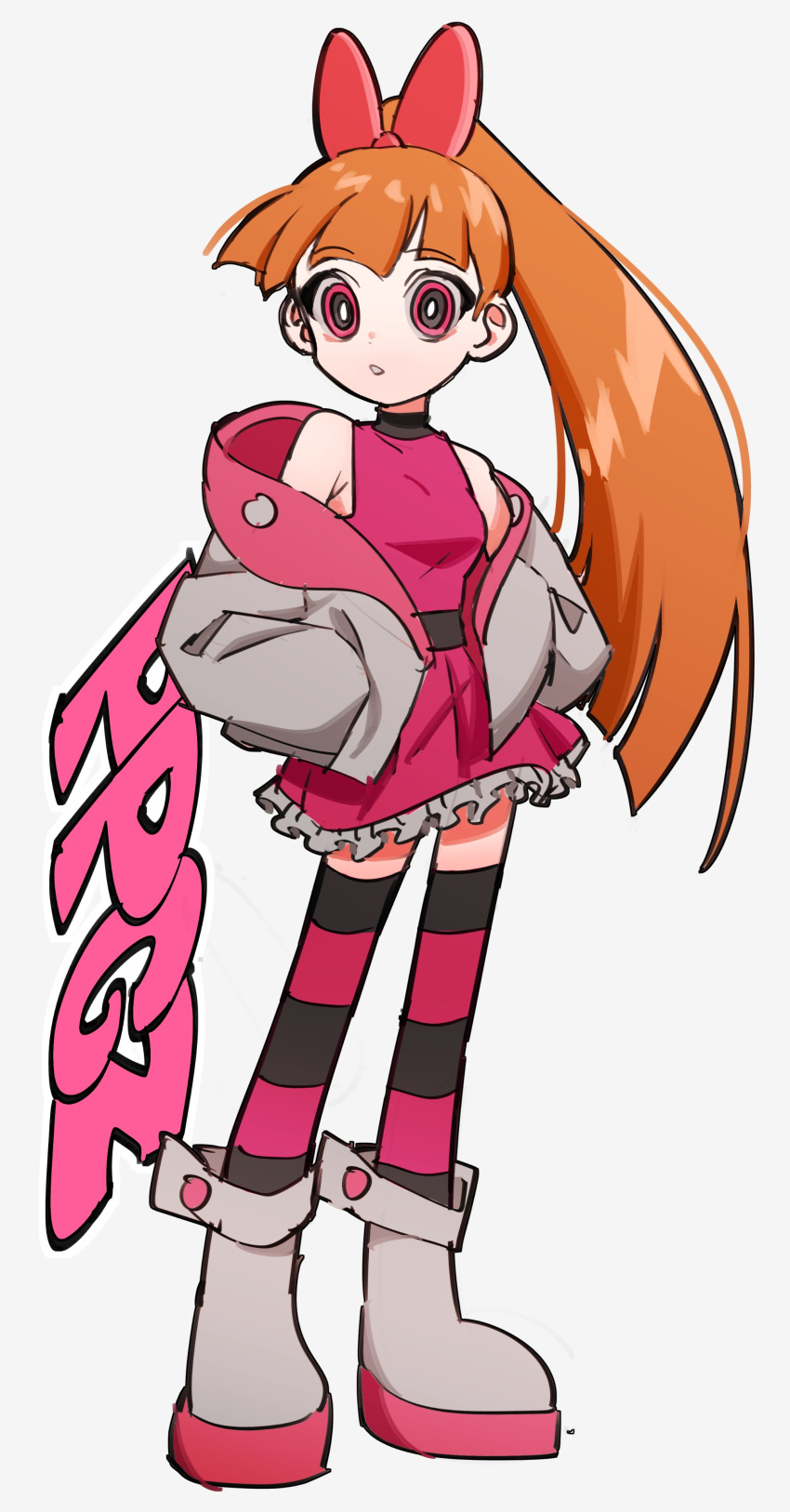 1girl :o absurdres akazutsumi_momoko copyright_name hands_in_pockets highres hyow long_hair looking_to_the_side orange_hair ponytail powerpuff_girls_z red_eyes solo thighhighs