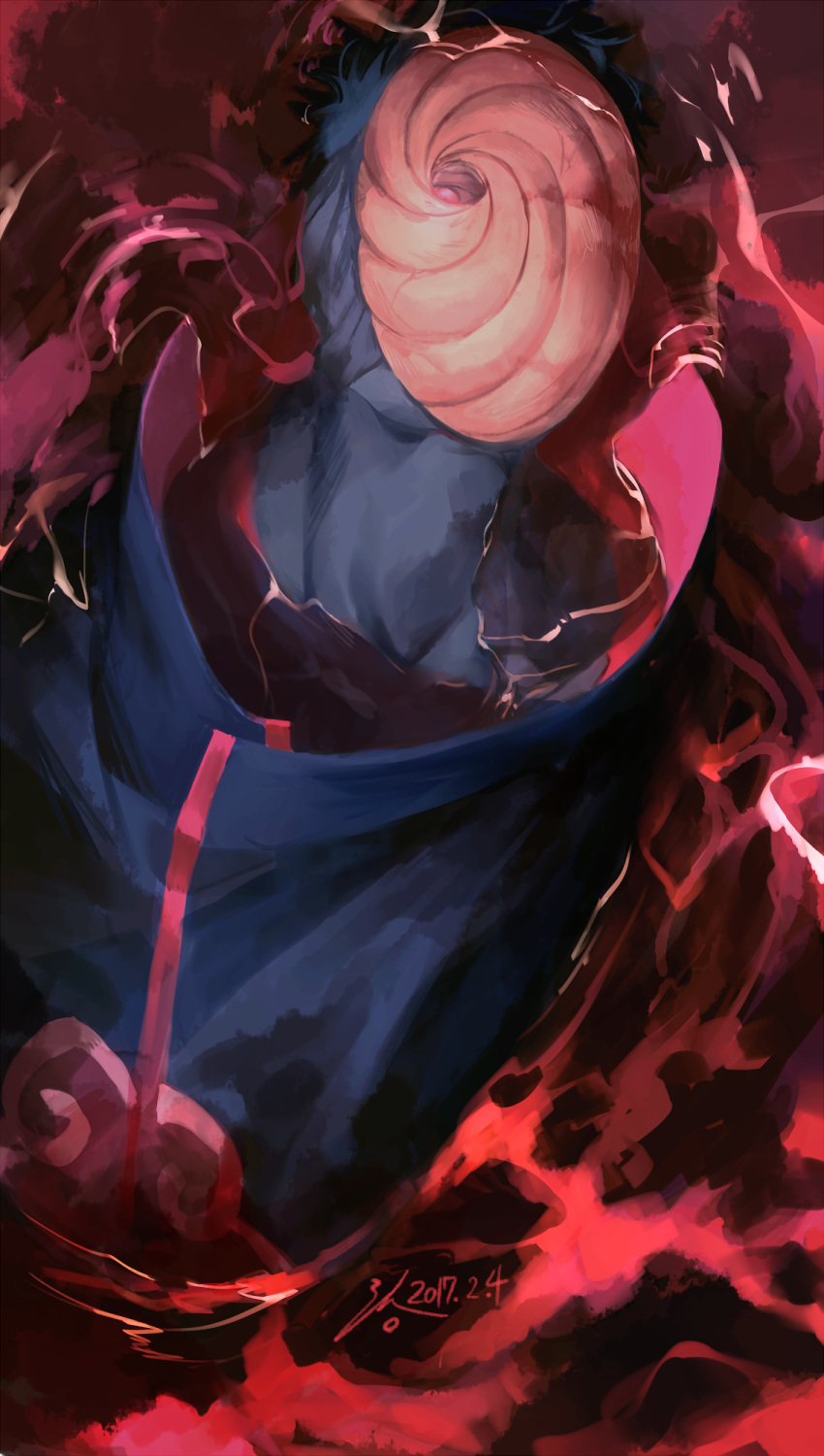 1boy akatsuki_(naruto) akatsuki_uniform ambiguous_red_liquid black_hair crack cracked_mask dated highres liquid looking_at_viewer male_focus mask naruto naruto_(series) partially_submerged red_eyes solo tobi uniform zifletts