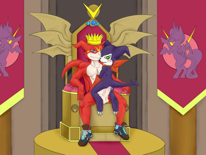 4:3 absurd_res anthro blush chair clothing crown digimon digimon_(species) duo footwear furniture hasbro hi_res impmon kevin_(s1x) male male/male my_little_pony p.v.su shoes sneakers throne veemon