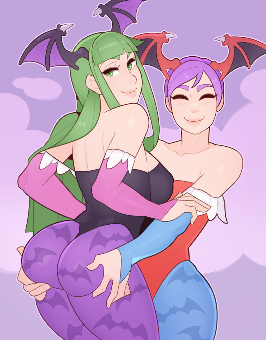 absurd_res big_butt butt butt_grab capcom darkstalkers demon female female/female green_hair hair hand_on_butt head_wings hi_res humanoid lilith_aensland looking_at_viewer looking_back morrigan_aensland not_furry purple_hair splashbrush video_games winged_humanoid wings