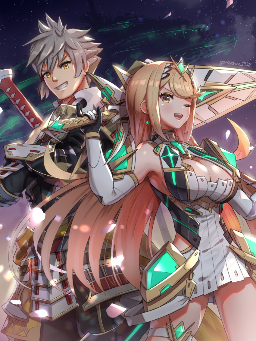 1boy 1girl :d ;d addam_origo armor artist_name bangs bare_shoulders blonde_hair blush breasts chest_jewel cleavage cleavage_cutout commentary_request cowboy_shot crossed_arms dress earrings elbow_gloves eyebrows_visible_through_hair faulds gloves gonzarez grin highres holding holding_sword holding_weapon japanese_armor jewelry large_breasts long_hair looking_at_viewer mythra_(xenoblade) night one_eye_closed open_mouth orange_eyes outdoors short_dress sidelocks silver_hair skindentation sky sleeveless sleeveless_dress smile star_(sky) starry_sky straight_hair swept_bangs sword thigh_strap tiara v-shaped_eyebrows vambraces very_long_hair weapon weapon_on_back white_gloves xenoblade_chronicles_(series) xenoblade_chronicles_2 xenoblade_chronicles_2:_torna_-_the_golden_country