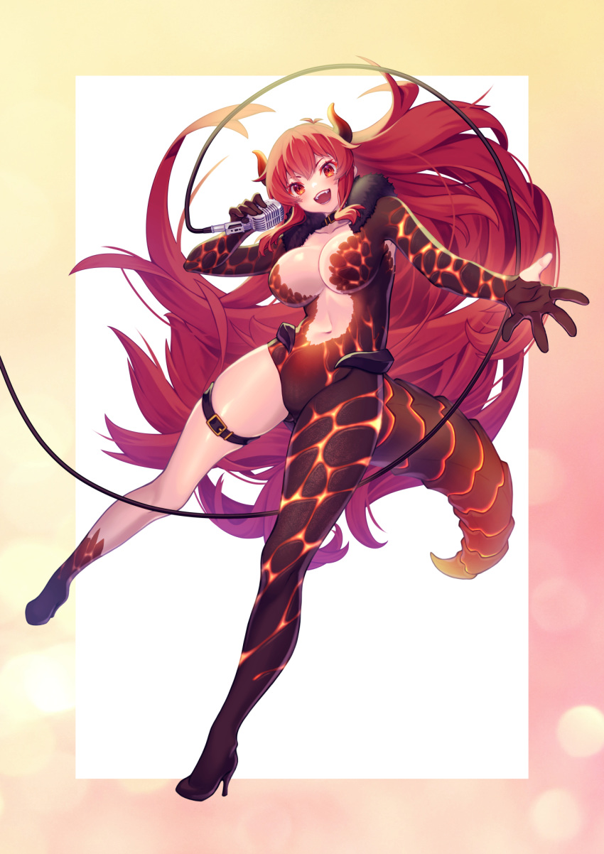 1girl :d bangs black_footwear bodysuit breasts cable center_opening cfm cleavage commentary_request dola_(nijisanji) dragon_girl dragon_horns dragon_tail full_body gloves high_heels highres holding holding_microphone horns large_breasts legs_apart long_hair looking_at_viewer microphone molten_rock navel nijisanji open_mouth outside_border outstretched_arm partly_fingerless_gloves reaching_out red_eyes red_hair sidelocks smile solo spread_fingers stiletto_heels tail thigh_strap very_long_hair virtual_youtuber white_background