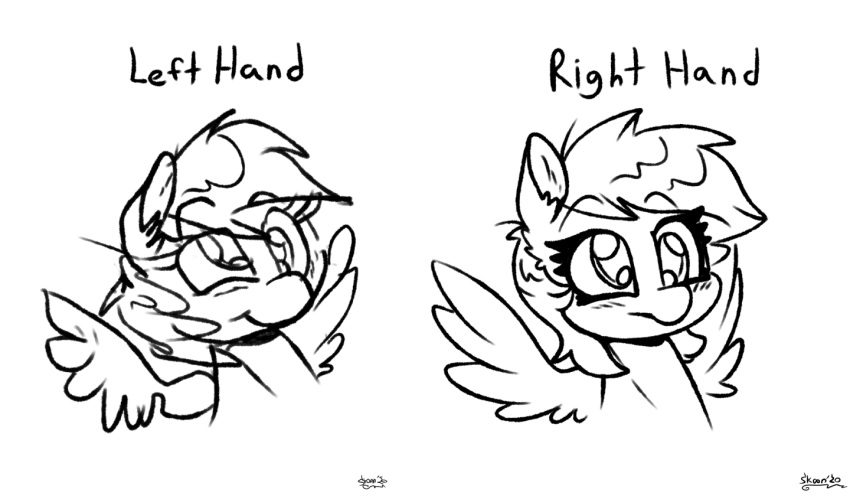 2020 blush derp_eyes derpy_hooves_(mlp) english_text equid equine female friendship_is_magic hasbro left_hand_drawing mammal monochrome my_little_pony pegasus semi-anthro simple_background sketch skoon text white_background wings