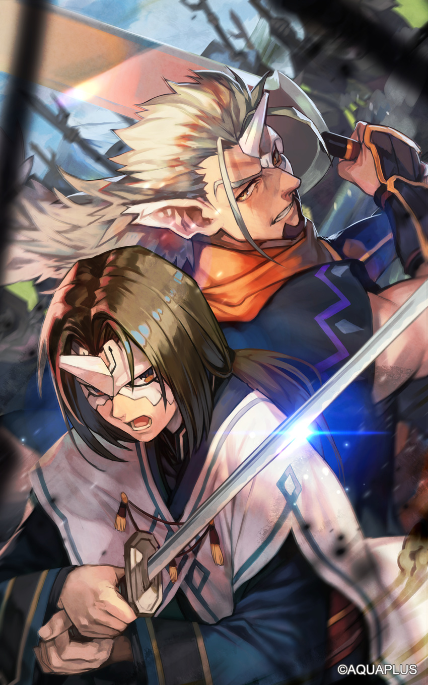 2boys aquaplus bangs black_shirt brown_eyes brown_hair cloak gloves hankuri highres holding holding_sword holding_weapon japanese_clothes katana looking_at_viewer low_ponytail male_focus mask medium_hair mikazuchi_(utawareru_mono) multiple_boys oshutoru_(utawareru_mono) outdoors parted_bangs ponytail scarf shirt sword utawareru_mono utawareru_mono:_itsuwari_no_kamen utawareru_mono:_lost_frag weapon