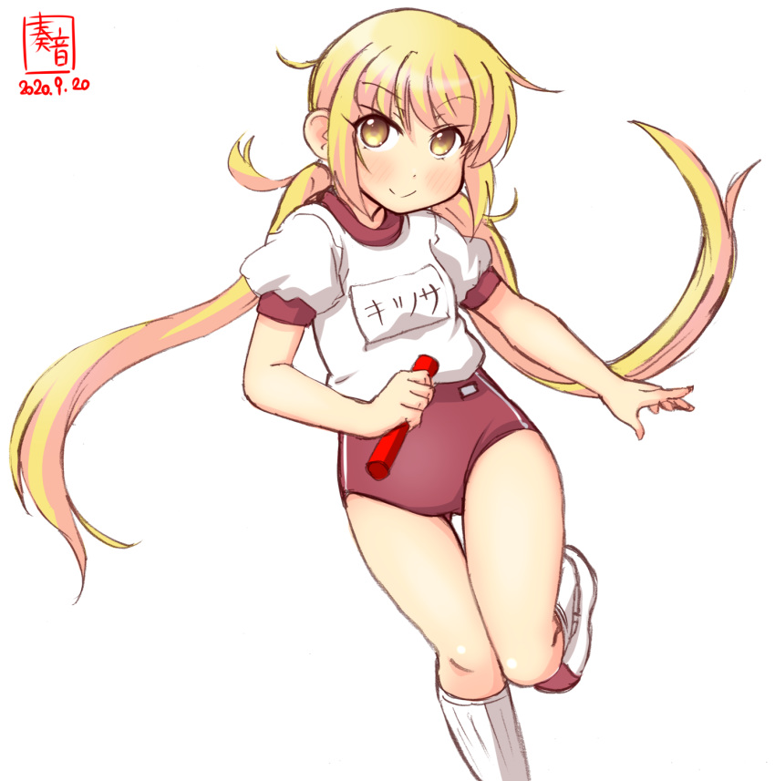 1girl alternate_costume artist_logo baton blonde_hair blush buruma dated eyebrows_visible_through_hair gym_shirt gym_uniform hair_between_eyes highres kanon_(kurogane_knights) kantai_collection long_hair looking_at_viewer low_twintails name_tag red_buruma satsuki_(kantai_collection) shirt short_sleeves signature simple_background socks solo standing standing_on_one_leg twintails white_background white_legwear white_shirt