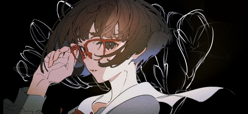 1girl adjusting_eyewear black_background brown_eyes brown_hair glasses highres looking_at_viewer original parted_lips portrait red-framed_eyewear removing_eyewear school_uniform serafuku short_hair solo work_in_progress yoneyama_mai