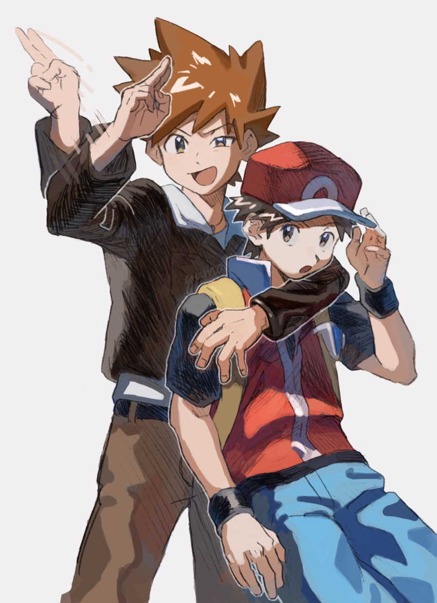 2boys arm_around_neck backpack bag baseball_cap belt black_wristband blue_oak blue_pants brown_eyes brown_hair brown_pants commentary_request fingernails grey_eyes guma_(gumatyo) hand_on_headwear hand_up hat highres jacket jewelry long_sleeves male_focus multiple_boys necklace open_mouth pants pokemon pokemon_(game) pokemon_hgss red_(pokemon) salute short_sleeves spiked_hair tongue vs_seeker wristband