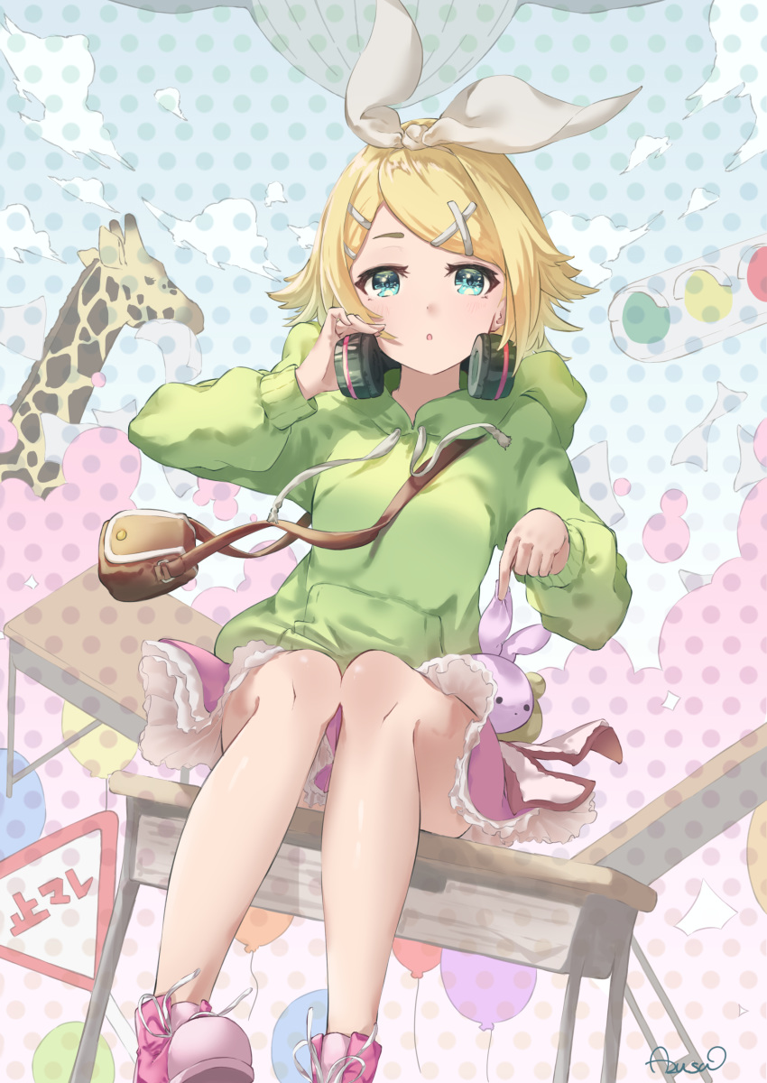 1girl :o absurdres aqua_eyes azusa_(azunyan12) bag balloon bangs blonde_hair blue_sky bow bunny cloud commentary desk feet_out_of_frame frilled_skirt frills giraffe green_hoodie hair_bow hair_ornament hairclip hand_on_headphones headphones headphones_around_neck highres hood hoodie kagamine_rin knee_blush looking_at_viewer melancholic_(vocaloid) miniskirt parted_lips pink_footwear pink_skirt polka_dot polka_dot_background road_sign shoes short_hair shoulder_bag sign signature sitting skirt sky sneakers solo stop_sign stuffed_animal stuffed_toy swept_bangs traffic_light vocaloid white_bow