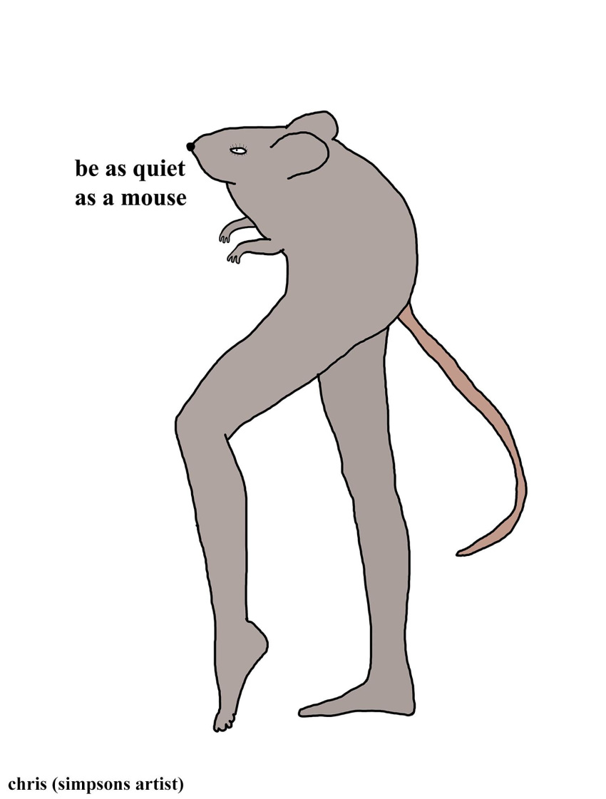 2013 advice ambiguous_gender anthro chris_(simpsons_artist) english_text fur grey_body grey_fur hi_res long_legs mammal mouse murid murine nude rodent short_arms simple_background solo surreal text tiptoeing what white_background why