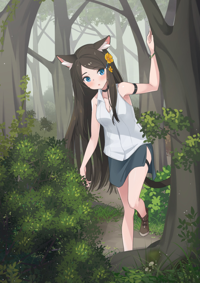 1girl animal_ear_fluff animal_ears arm_strap bangs black_hair blue_eyes blush cat_ears cat_tail choker commentary_request forest highres long_hair looking_at_viewer nature nekoze_(s22834712) original outdoors parted_bangs shirt side_slit skirt sleeveless solo tail thigh_strap tree tu_ya_(nekoze) white_shirt