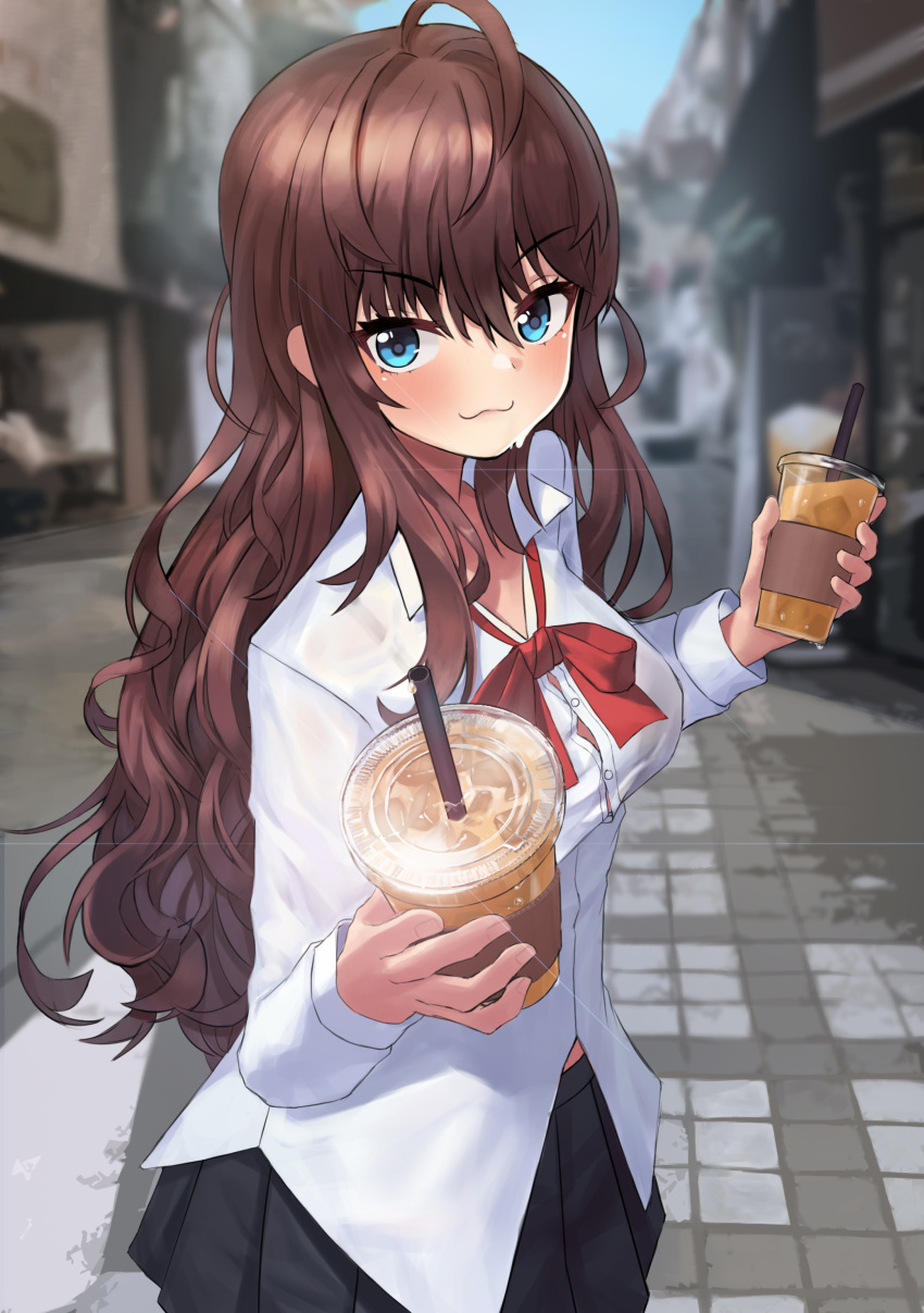 1girl :3 absurdres ahoge bangs black_skirt blue_eyes blurry blurry_background bow bowtie breasts brown_hair collared_shirt commentary_request cowboy_shot cup disposable_cup dress_shirt drink eyebrows_visible_through_hair giving highres iced_coffee ichinose_shiki idolmaster idolmaster_cinderella_girls long_hair looking_at_viewer medium_breasts onedoo outdoors pleated_skirt red_neckwear school_uniform shirt skirt smile solo sweat uniform wavy_hair white_shirt