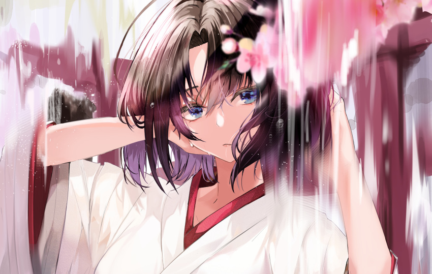 brown_hair close flowers japanese_clothes kara_no_kyoukai kooemong ryougi_shiki short_hair water