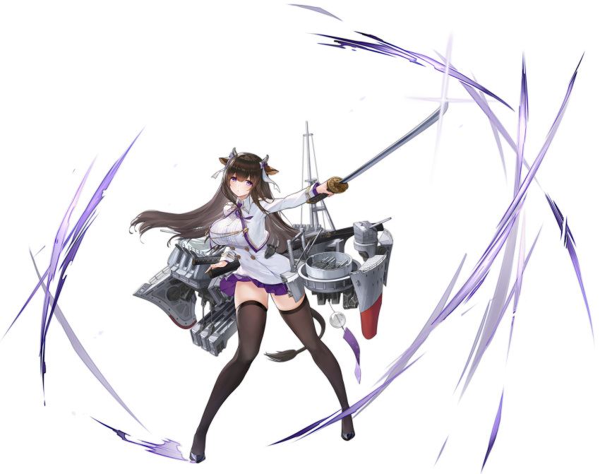 1girl animal_ears azur_lane black_footwear black_hair breasts brown_legwear cow_ears cow_girl cow_horns cow_tail cropped_jacket floating_hair full_body glint highres holding holding_sword holding_weapon horns jacket kashino_(azur_lane) katana large_breasts long_hair long_sleeves looking_at_viewer machinery mast official_art open_clothes open_jacket outstretched_arm pleated_skirt purple_eyes purple_skirt sheath shirt skirt solo standing sword tail thighhighs transparent_background turret weapon white_jacket white_shirt wind_chime wing_collar yyy_(zelda10010) zettai_ryouiki