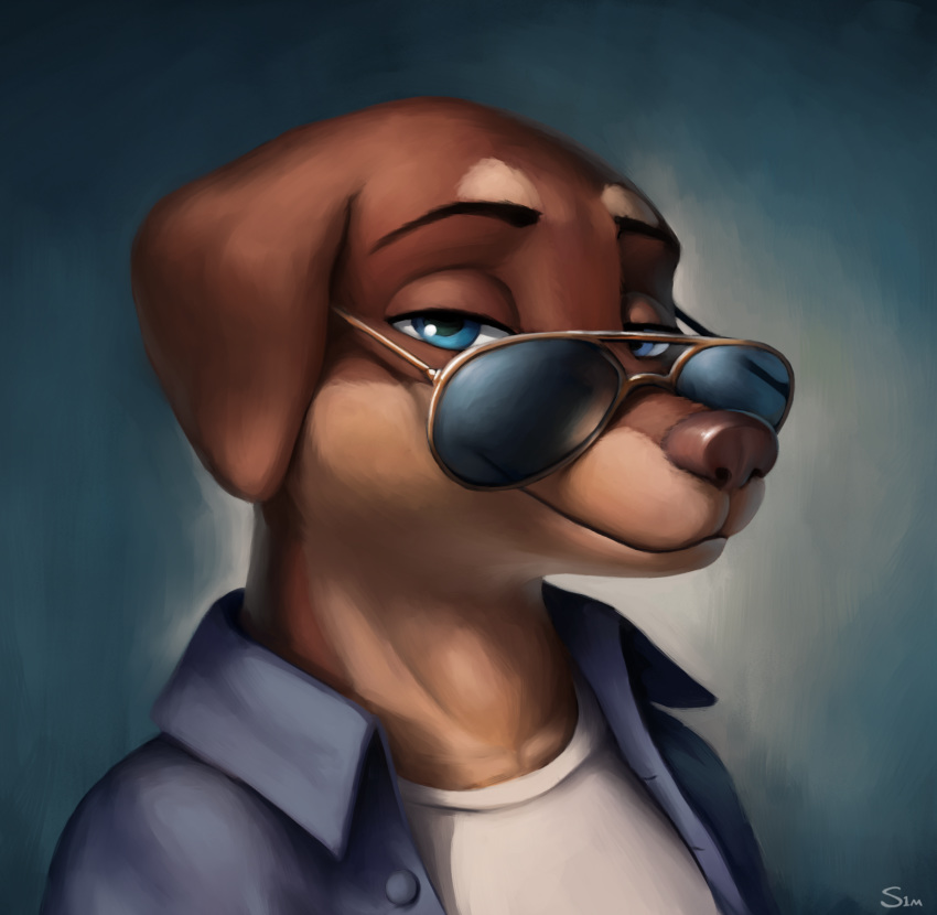 2020 anthro blue_eyes brown_body brown_fur bust_portrait canid canine canis clothed clothing daniel_porter dobermann domestic_dog eyewear floppy_ears fur hi_res male mammal pinscher portrait s1m smile solo sunglasses