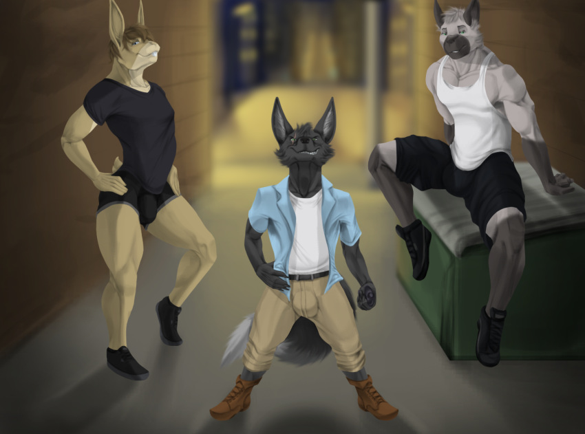 alley anthro black_body black_fur bottomwear brown_body brown_fur bulge canid canine city clothed clothing d'zosh_(ccwoah) domestic_cat dumpster felid feline felis fennec footwear fox fur grey_body grey_fur grin group gym_shorts hamili hotpants huoyan_(ccwoah) inner_ear_fluff kyle_(ccwoah) lagomorph leporid male mammal night pose rabbit scar shirt shoes shorts siamese sitting smile sneakers standing tank_top topwear tuft