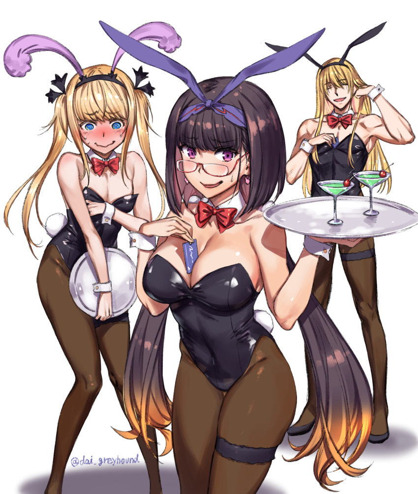 1boy 1girl 1other @_@ animal_ears between_breasts blonde_hair blush bow bowtie breasts brown_hair bunny_ears bunny_tail bunnysuit chevalier_d'eon_(fate/grand_order) cocktail_glass cup detached_collar drinking_glass fate/grand_order fate_(series) fionn_mac_cumhaill_(fate/grand_order) glasses highres moriyama_daisuke osakabe-hime_(fate/grand_order) pantyhose tail tray twintails twitter_username wrist_cuffs