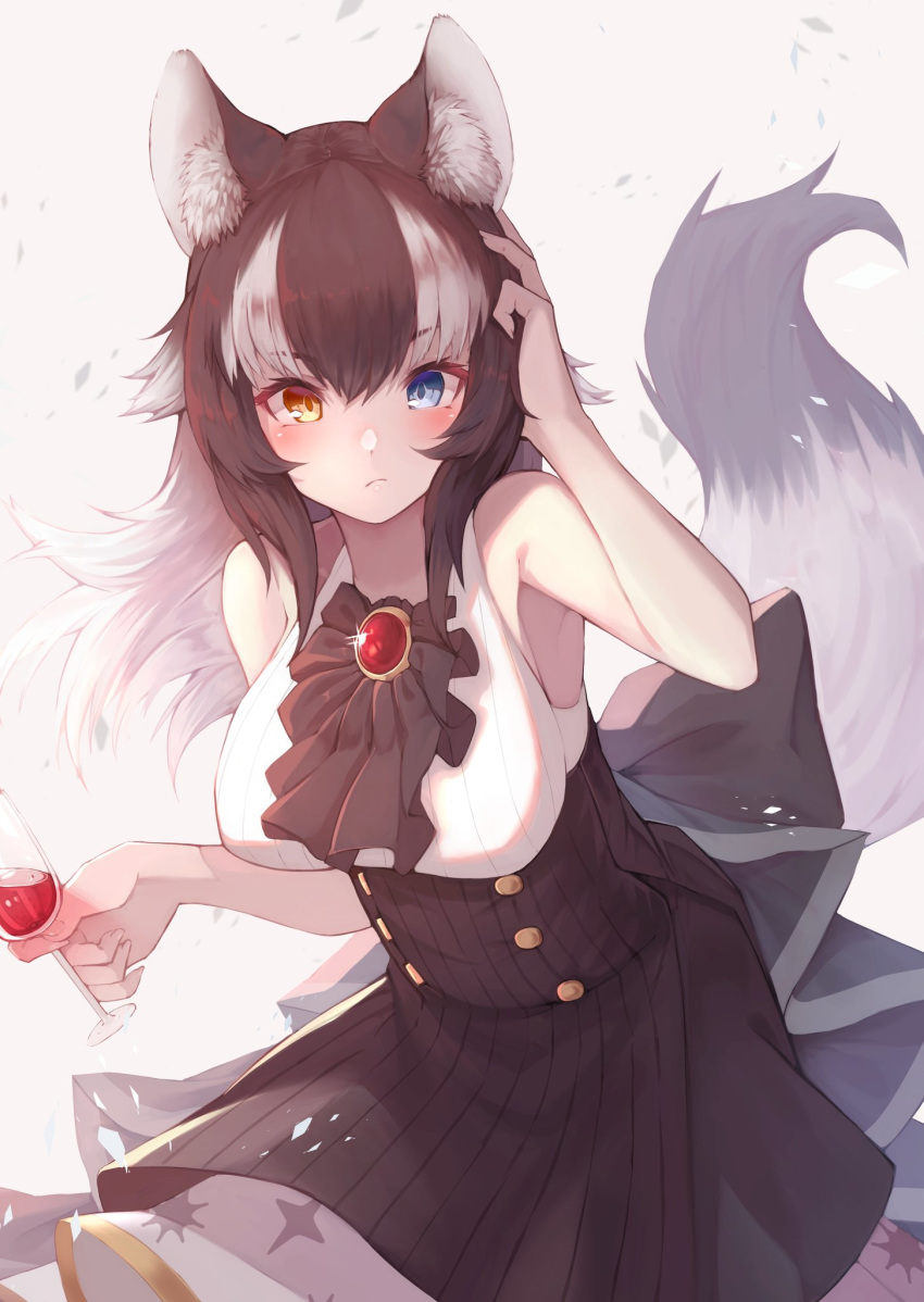 1girl alternate_costume animal_ears bare_shoulders black_hair black_skirt blue_eyes blush commentary_request cowboy_shot cup drinking_glass eyebrows_visible_through_hair grey_hair grey_wolf_(kemono_friends) hand_in_hair heterochromia high-waist_skirt highres kemono_friends long_hair multicolored_hair shirt skirt sleeveless solo st.takuma tail white_hair white_shirt wine_glass wolf_ears wolf_girl wolf_tail yellow_eyes