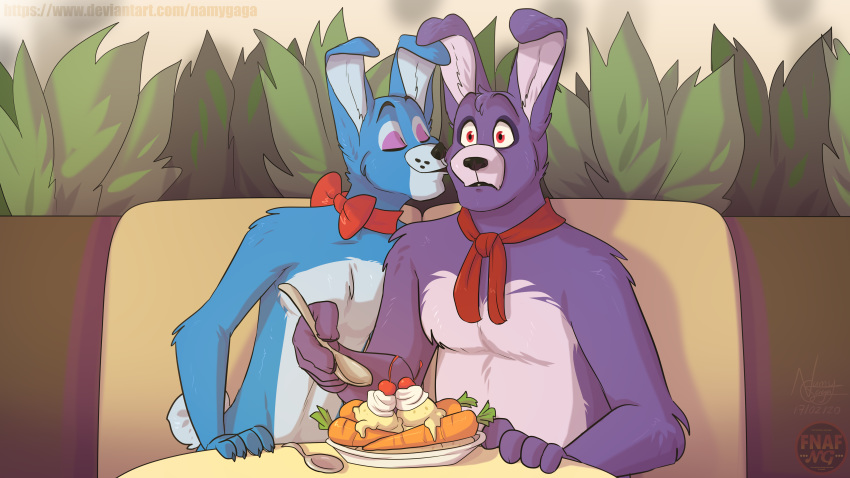 16:9 2020 absurd_res anthro black_nose blue_body blue_fur bonnie_(fnaf) bow_tie carrot cherry claws cutlery dessert duo eyebrows fingers five_nights_at_freddy's five_nights_at_freddy's_2 food fruit fur girly hi_res holidays ice_cream kissing kissing_cheek kitchen_utensils lagomorph leporid lips long_ears makeup male male/male mammal namygaga plant purple_body purple_fur rabbit red_eyes spoon tools toy_bonnie_(fnaf) valentine's_day vegetable video_games white_body white_fur widescreen