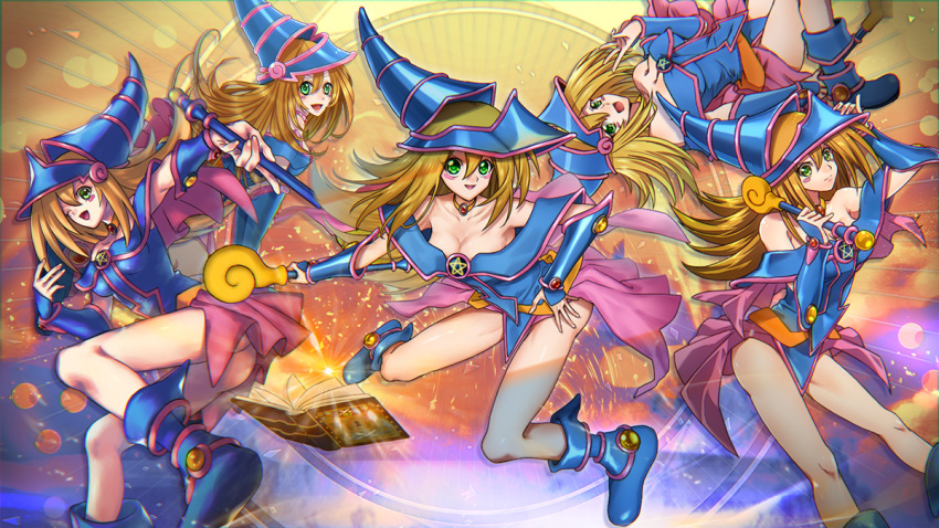 1girl bangs bare_shoulders blonde_hair blue_footwear blush_stickers book boots breasts choker cleavage commentary_request dark_magician_girl duel_monster green_eyes hat holding long_hair looking_at_viewer multiple_views open_mouth smile suruga_dbh wand wizard_hat yuu-gi-ou