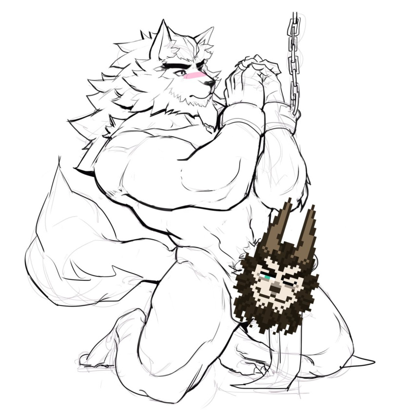 1:1 afk_arena bdsm blush bondage bound canid canine canis censored chain draft_(disambiguation) fluffy fluffy_tail hi_res male mammal muscular muscular_male pencil_(object) solo tidus_(afk) unknown_artist wolf